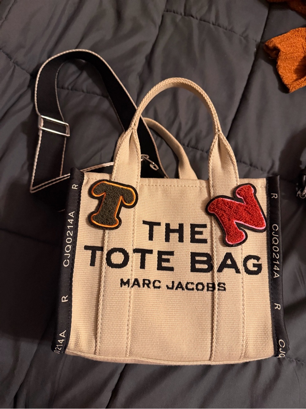 Marc Jacobs Beige Canvas Messenger Tote with Black Strap